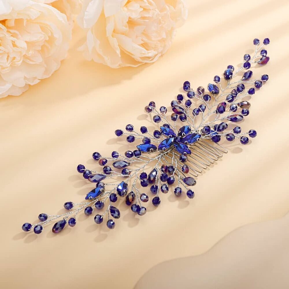 Blue Rhinestone Headpiece Flower Wedding Hair Comb Headband Bridal Crystal Hair